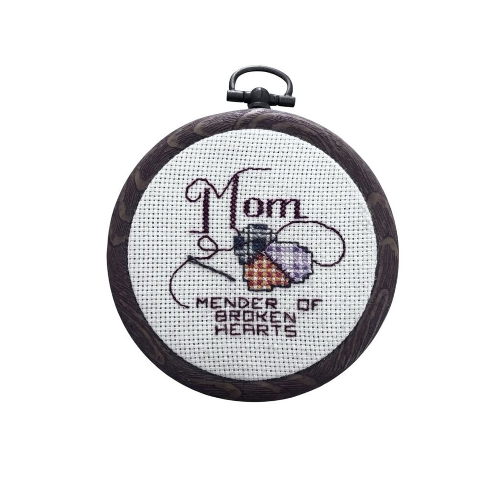 Vintage Mini Wood Ornament Cross Stitch Mom Gift Primitive Cottagecore Gift